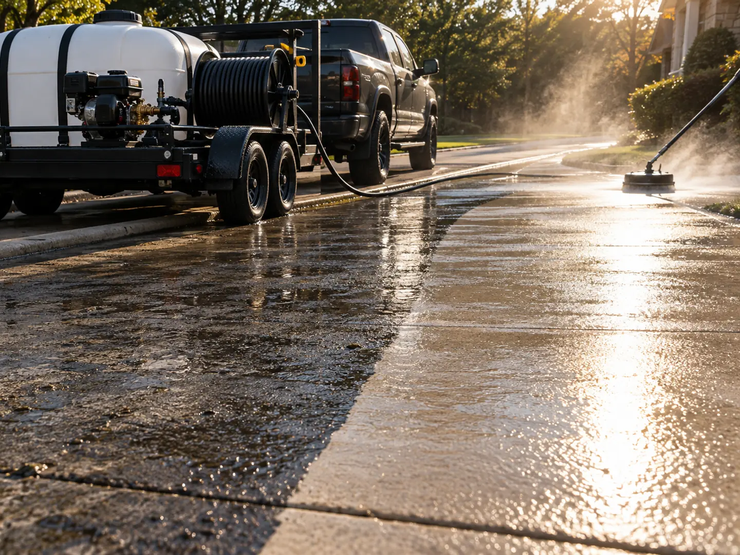 A wash trailer with a water tank, pump and hose reel, hitched to a truck at the curb.
